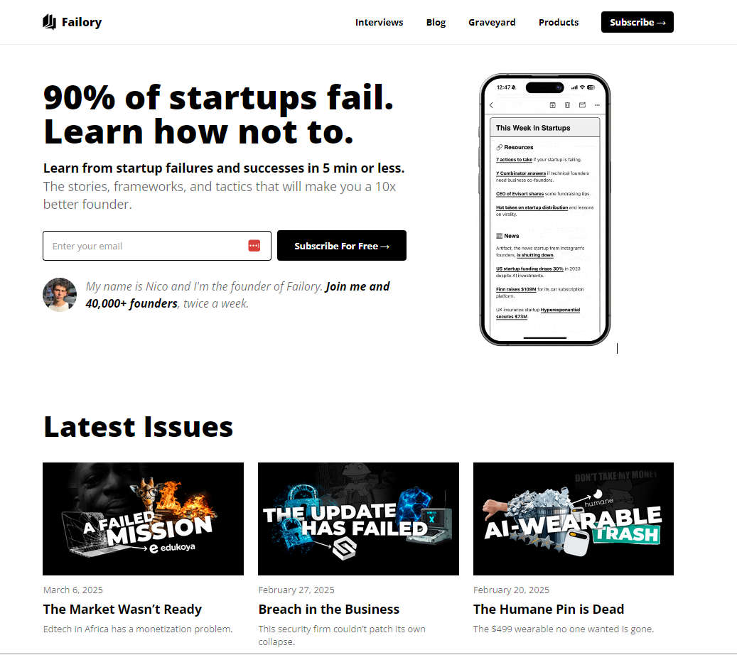 Failory，创业失败案例集，40,000+创始人都在订阅的Newsletter