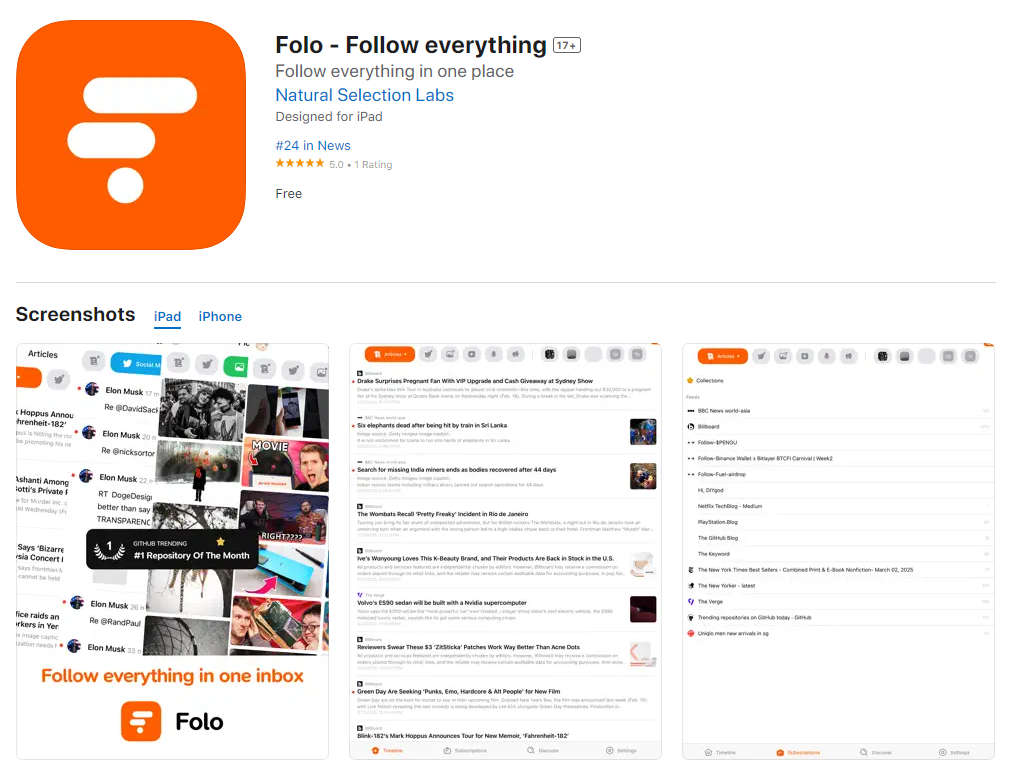 RSS 订阅工具 Follow 发布 iOS 版本 Folo ，完全免费无内购