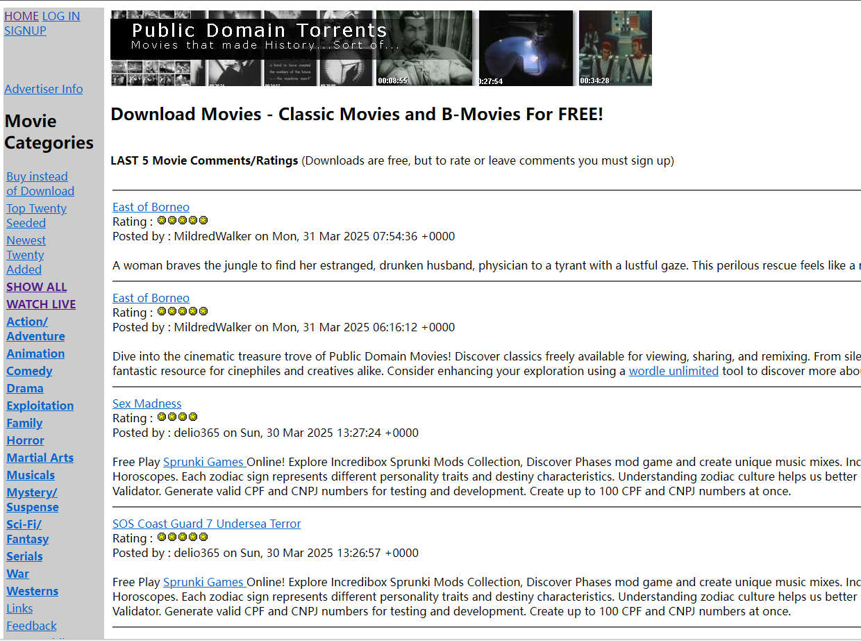 Public Domain Torrents，公共领域电影资源BT下载站，提供了981多部无版权电影资源BT下载