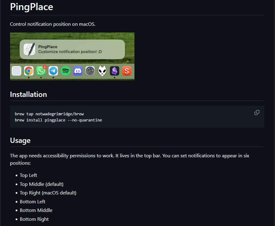 PingPlace，macOS 上控制消息通知显示位置的开源工具