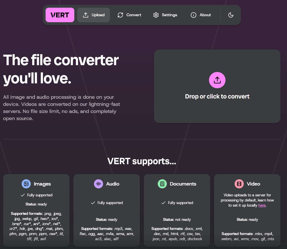 VERT，开源自托管的全能文件格式转换器，支持图片/音频/文档/视频格式转换
