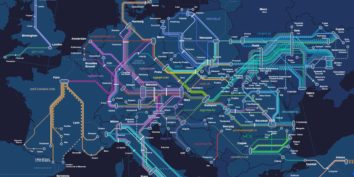 Back-on-Track Night Train Map 2025，欧洲夜班火车地图，设计很赞