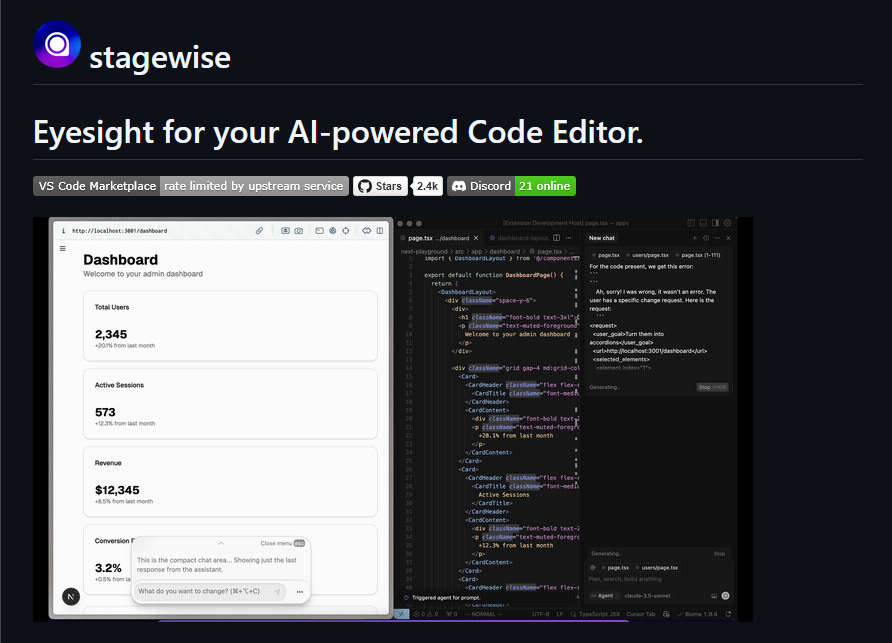 stagewise，将前端 UI 连接到代码编辑器的 AI编程 代理，前端开发神器