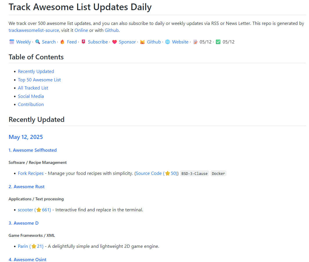 Track Awesome List Updates Daily，500多个Awesome 列表的每日更新提醒
