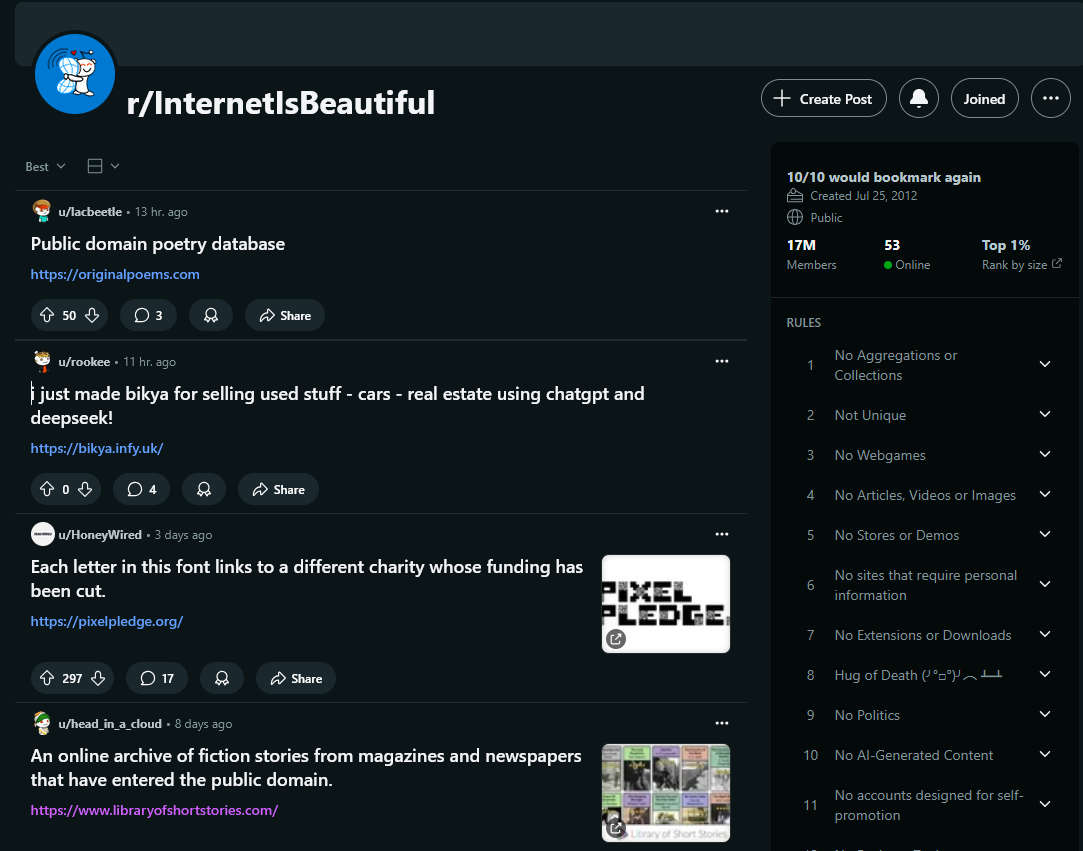 r/InternetIsBeautiful，发现互联网上好玩/实用/炫酷的网站、软件及应用