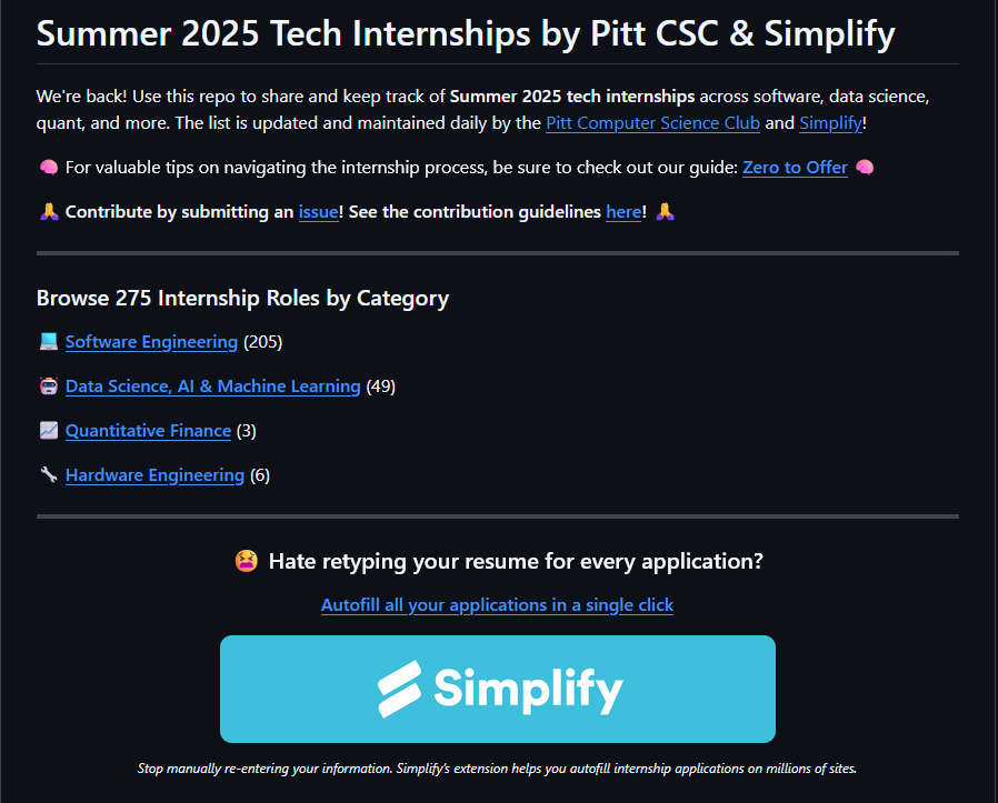 Summer2025-Internships，2025年夏季，北美实习工作机会