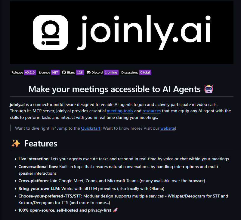 joinly.ai，AI会议助手MCP 服务器，会议和AI Agent连接中间件，支持Google Meet、Zoom、Teams等平台