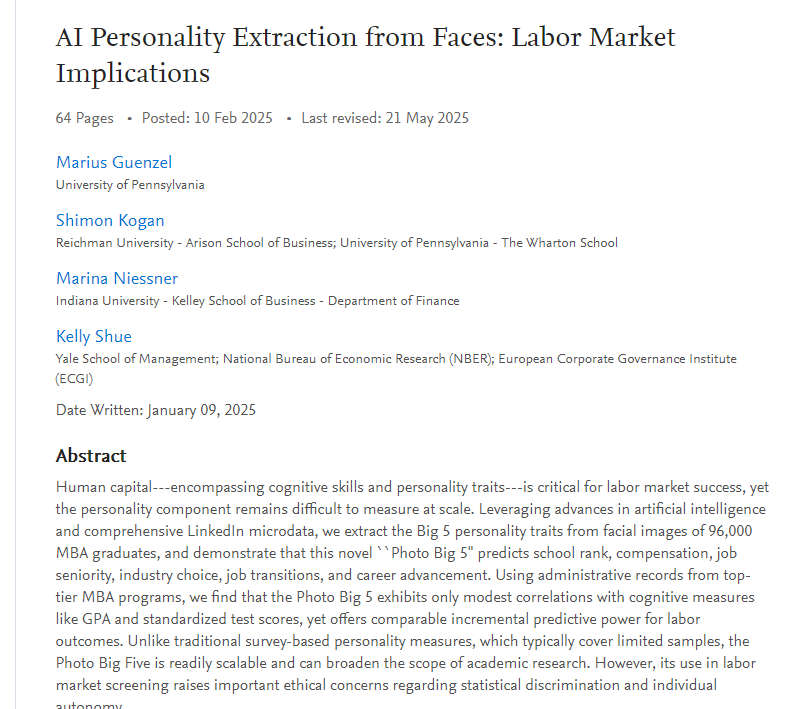 AI Personality Extraction from Faces: Labor Market Implications，AI根据面相预测职业和教育成就，AI时代的算命
