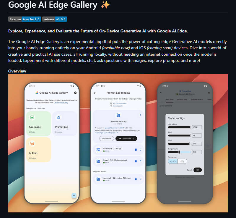 Google AI Edge Gallery，Google开发的允许用户在手机上运行Hugging Face 的一系列公开 AI 模型的APP