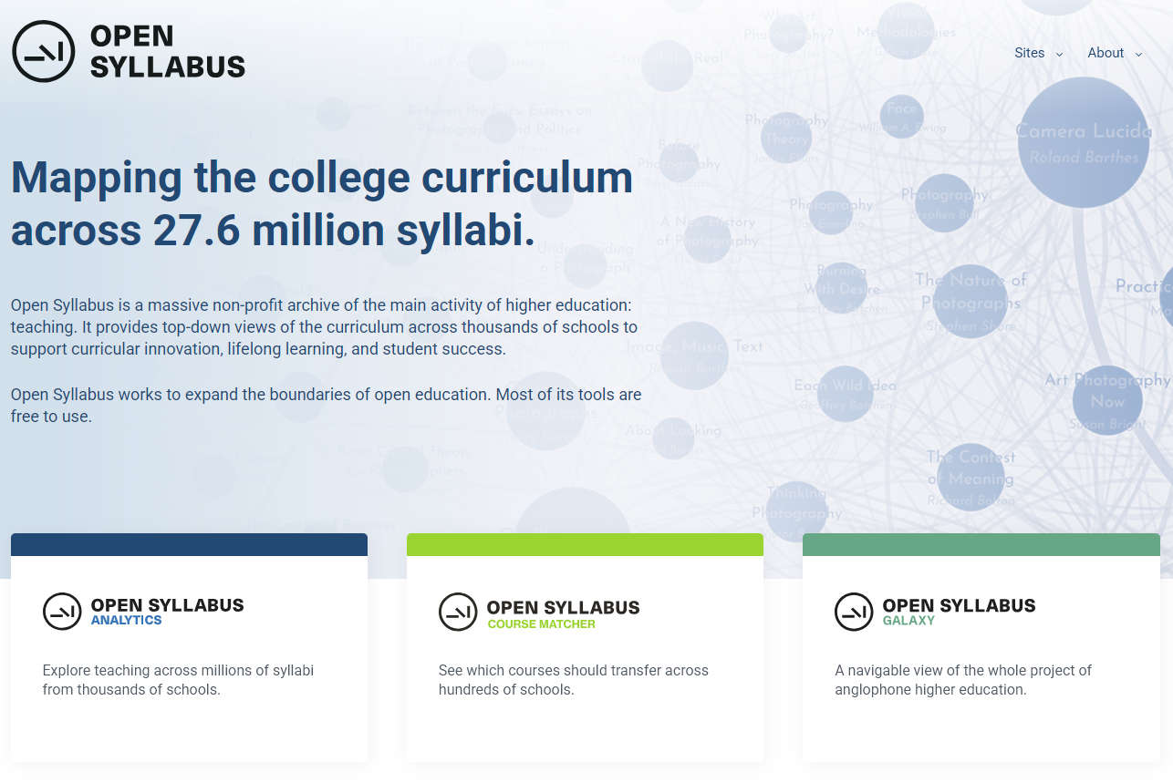 Opensyllabus，开放课程大纲，收集了全球超过2760 万个大学课程教学大纲