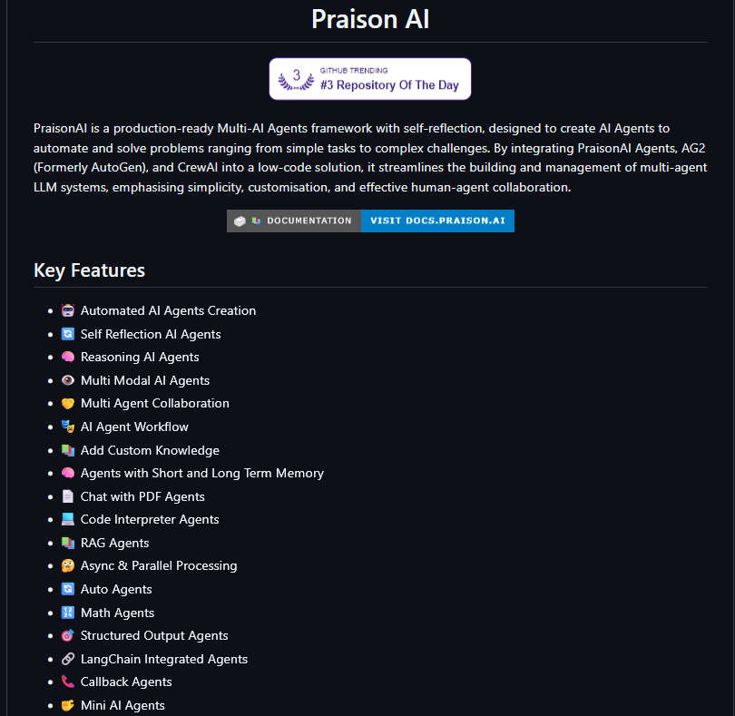 PraisonAI，多 AI Agent 框架，创建各类 AI Agent，实现任务自动化和解决各种问题