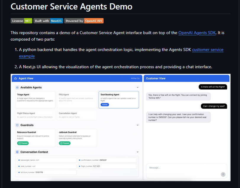 Customer Service Agents Demo，OpenAI 开源的客服代理演示项目