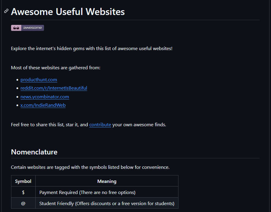 Awesome Useful Websites，ProductHunt、r/InternetIsBeautiful、Hacker News推荐过的优秀实用网站精选