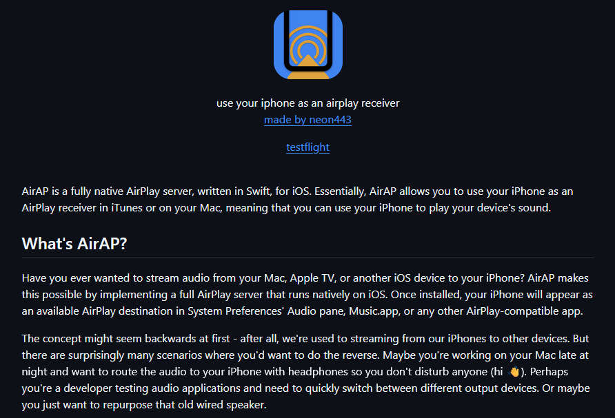 AirAP，iOS 上运行的 AirPlay 服务器应用，从而可以将 Mac、Apple TV 或其他 iOS 设备上的音频串流到 iPhone