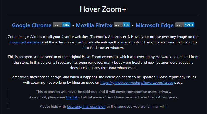 Hover Zoom+，开源浏览器扩展，鼠标悬停时缩放图片、视频