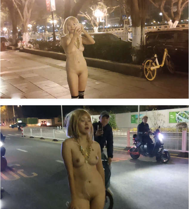 广州当时轰动一时的户外露出行为艺术，婷婷在闹市区全裸散步、扭臀晃腰，引的路人成团跟随驻足拍照[1V/14G]
