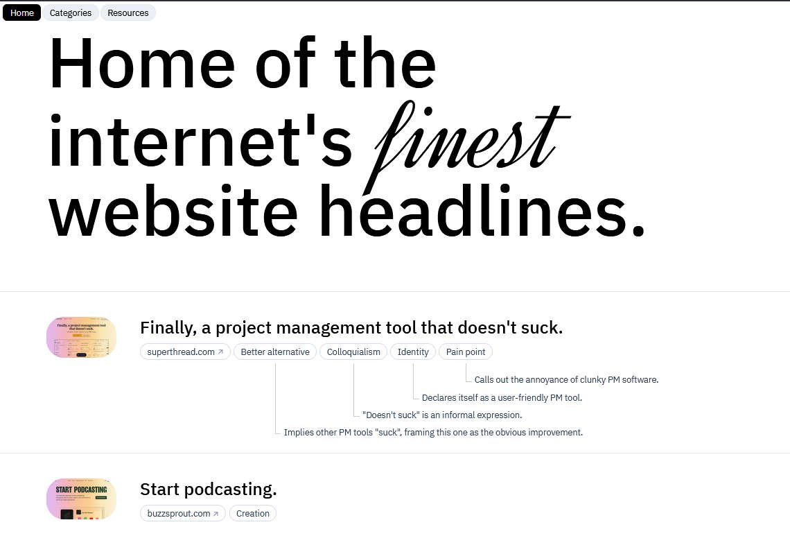 Website Headlines，优秀网站标题灵感收集站