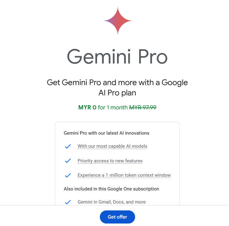 一个月免费 Gemini Pro