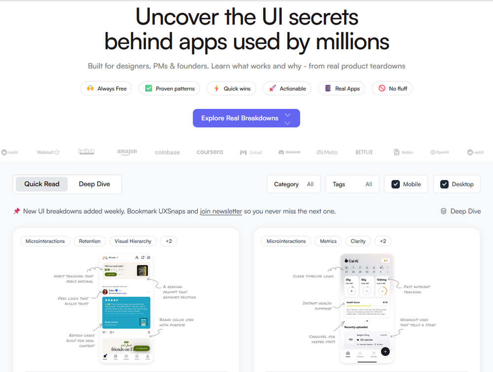 UXSnaps，优秀成功产品UI/UX 拆解库，获取设计灵感必备