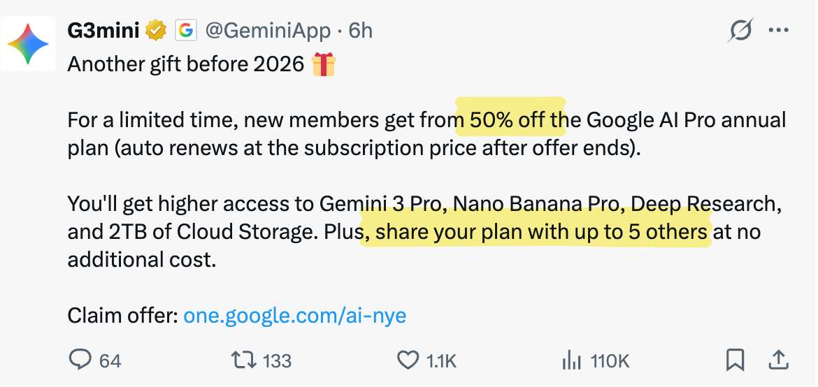 Google AI Pro 新订阅用户半价，一年 $100 ，可以共享给5人