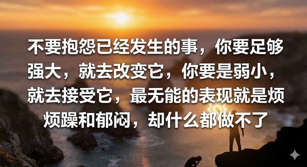 不要抱怨已经发生的事，你要足够强大，就去改变它，你要是弱小，就去接受它，最无能的表现就是烦躁和郁闷，却什么都做不了