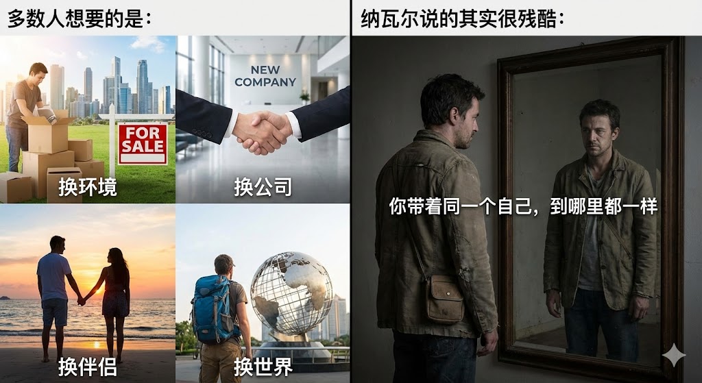 多数人想要的是：换环境、换公司、换伴侣、换世界。但纳瓦尔说的其实很残酷：你带着同一个自己，到哪里都一样