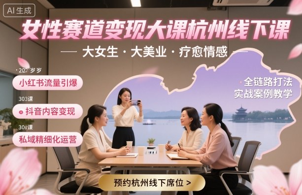 女性赛道变现大课杭州线下，大女生，大美业，疗愈情感，一套小红书、抖音、私域全链路打法