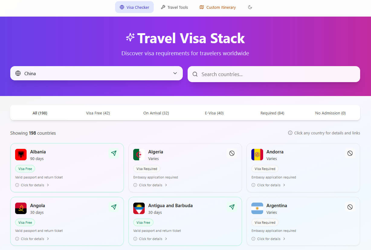 Travel Visa Stack，全球各国旅行签证要求一站式查询