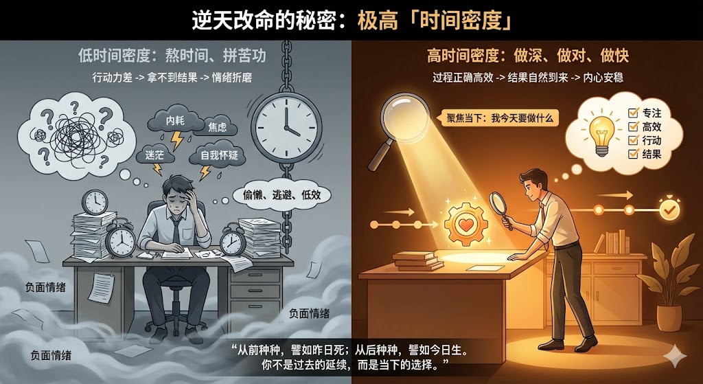 所谓的逆天改命、底层逆袭，根本不是靠“熬时间、拼苦功”，而是靠极高的「时间密度」