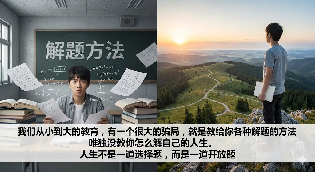 我们从小到大的教育，有一个很大的骗局，就是教给你各种解题的方法，唯独没教你怎么解自己的人生