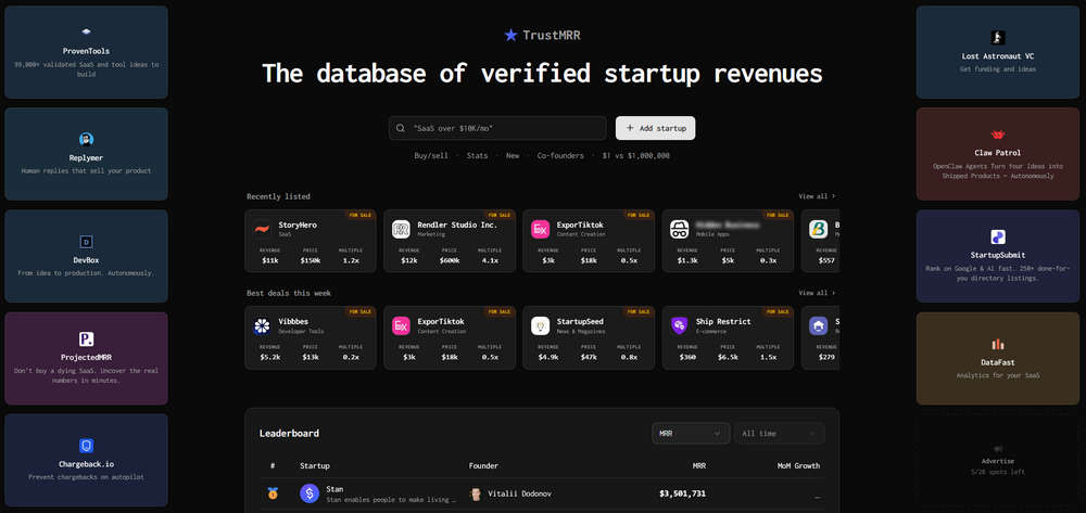 TrustMRR，Startup公司真实收入数据库，极佳的创业变现案例库