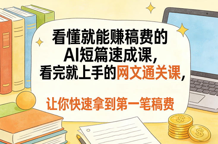 看懂就能賺稿费的AI短篇速成课，看完就上手的网文通关课，让你快速拿到第一笔稿费