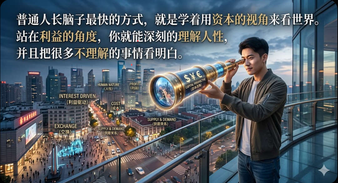 普通人长脑子最快的方式，就是学着用资本的视角来看世界。站在利益的角度，你就能深刻的理解人性，并且把很多不理解的事情看明白