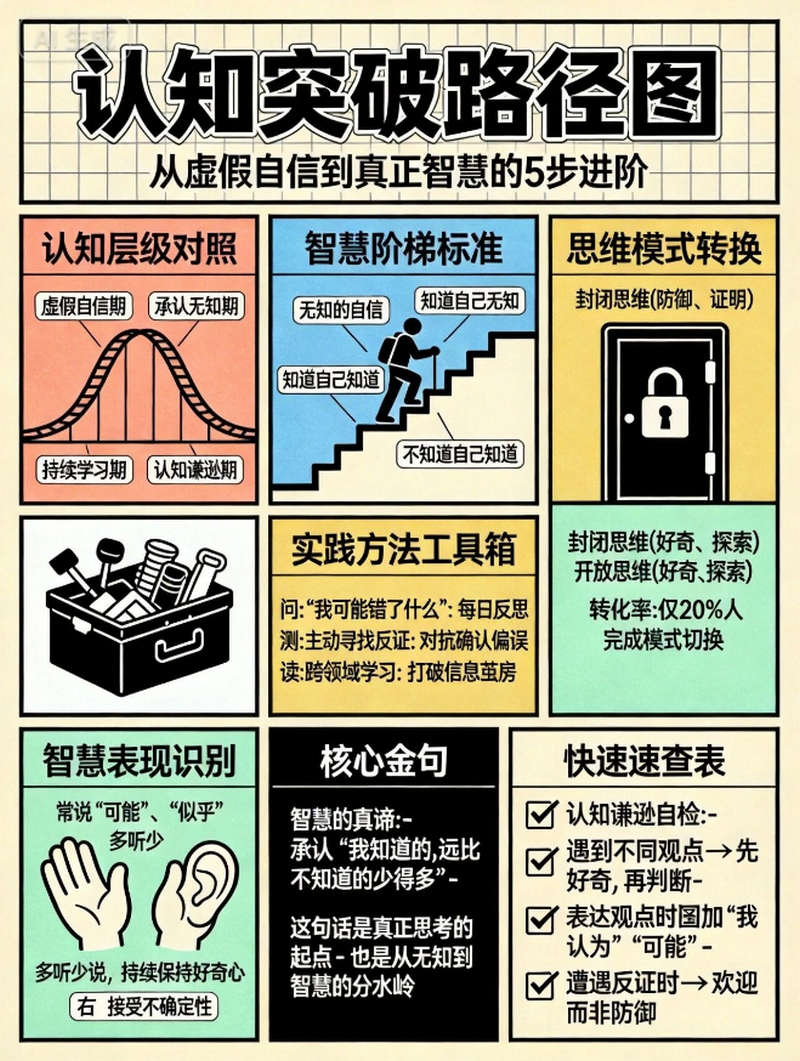 认知突破路径图，从虚假自信到真正智慧的5步进阶