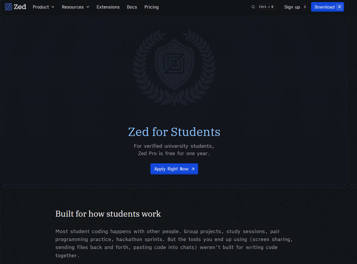 Zed for Students，Zed 学生可免费享受 Zed Pro 计划一年