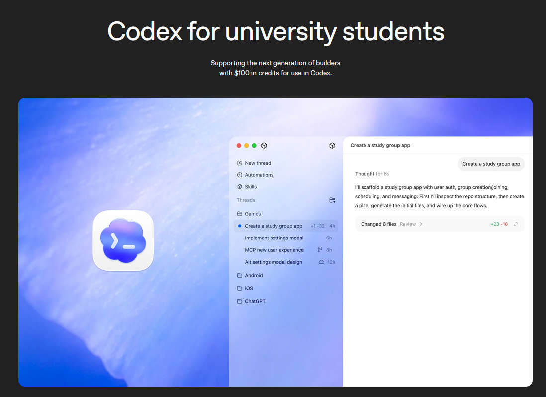 OpenAI给美国和加拿大认证大学生免费提供100美元的积分，可用于codex!