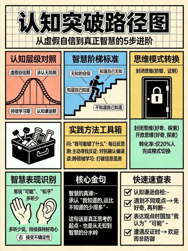 认知突破路径图，从虚假自信到真正智慧的5步进阶