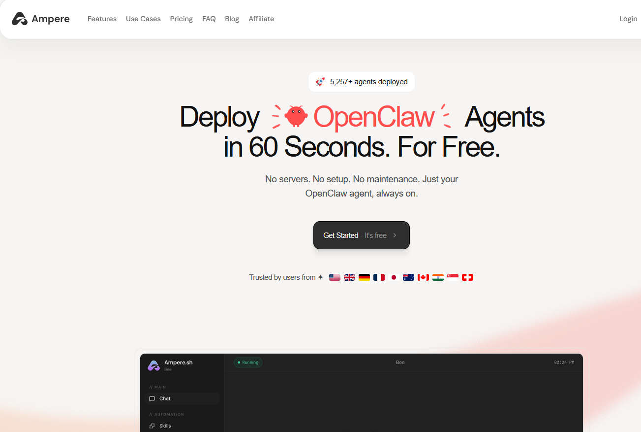 Ampere 60秒一键免费部署OpenClaw Agents