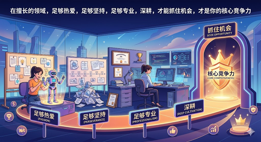 在擅长的领域，足够热爱，足够坚持，足够专业，深耕，才能抓住机会，才是你的核心竞争力