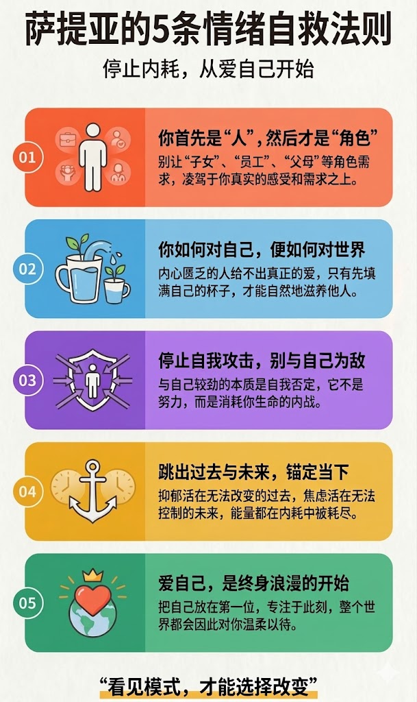 萨提亚的5条情绪自救法则，停止内耗，从爱自己开始