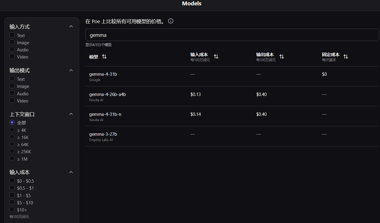 Poe 免费API 可用Gemma 4，30 次/分钟，支持多模态
