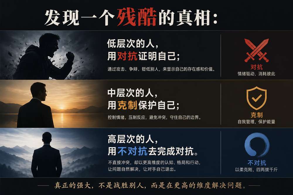 发现一个残酷的真相：低层次的人，用对抗证明自己；中层次的人，用克制保护自己；高层次的人，用不对抗去完成对抗