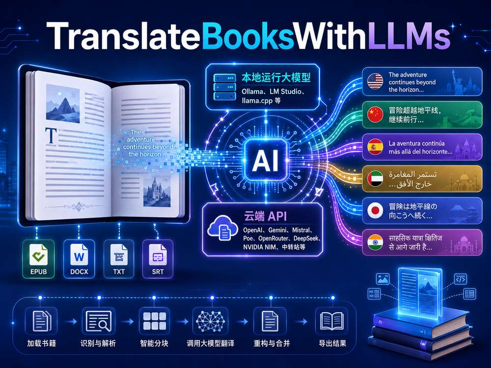 TranslateBooksWithLLMs，开源整本书翻译神器，没有大小限制、支持断点续译、完美保留原格式