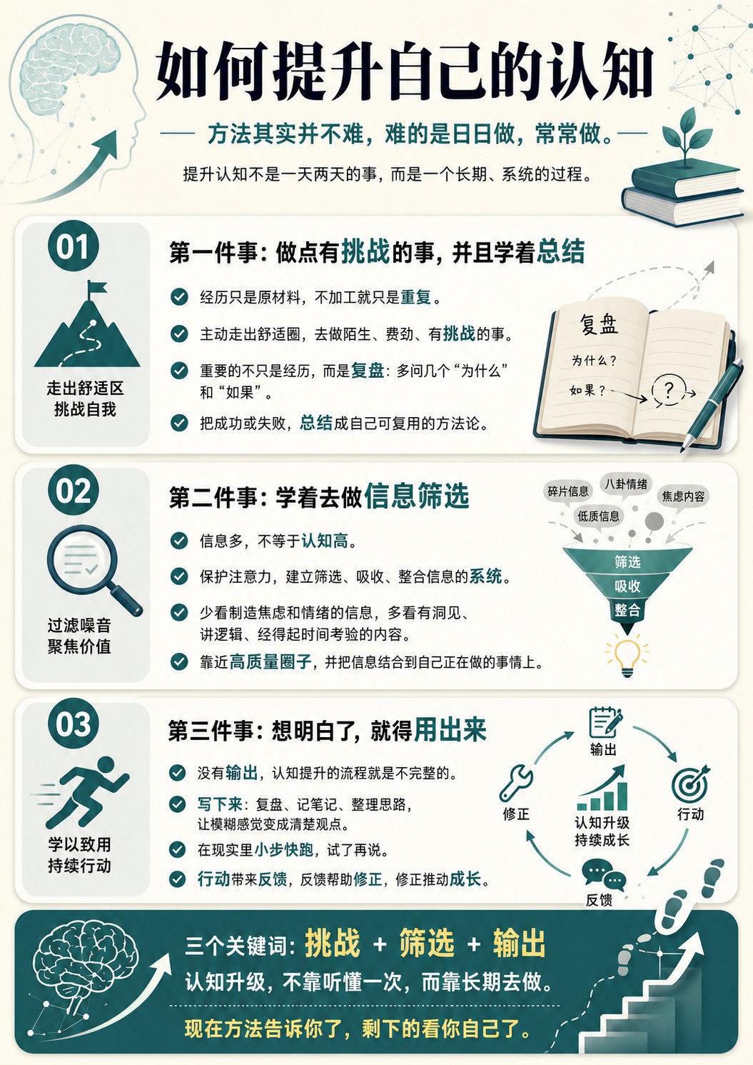 如何提升自己的认知，方法其实并不难，你只要做好这三件事就行。难得是日日做，常常做，因为提升认知不是一天两天的事