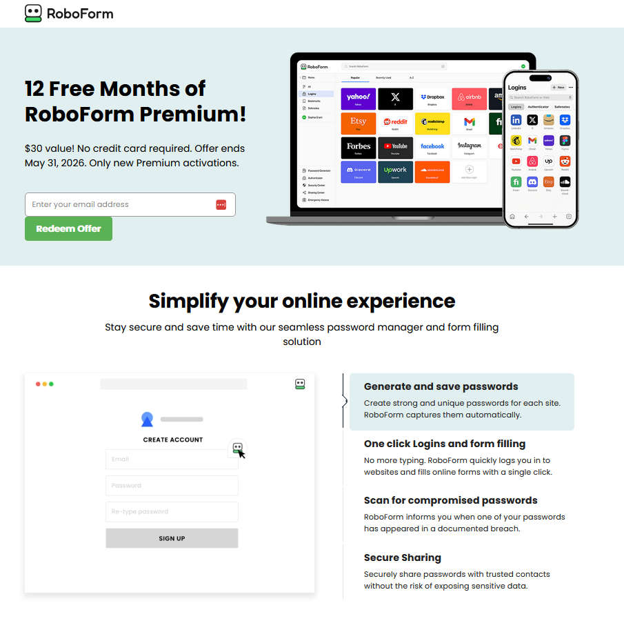 密码管理器 RoboForm Premium 免费12 个月