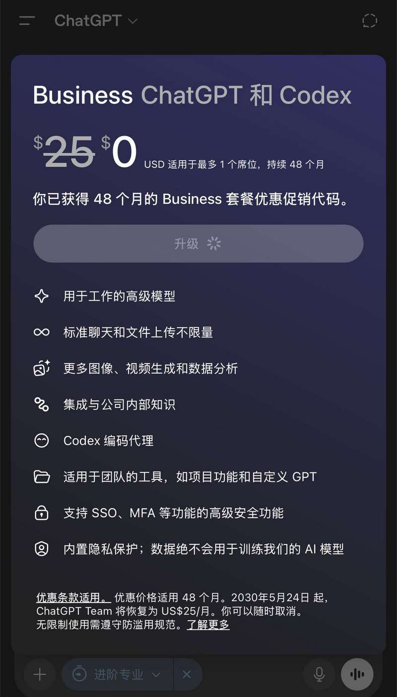 ChatGPT Business 优惠促销，2席位月付20刀，持续优惠4年