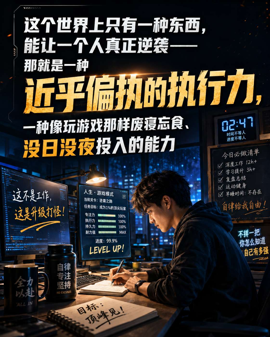 这个世界上只有一种东西，能让一个人真正逆袭——那就是一种近乎偏执的执行力，一种像玩游戏那样废寝忘食、没日没夜投入的能力