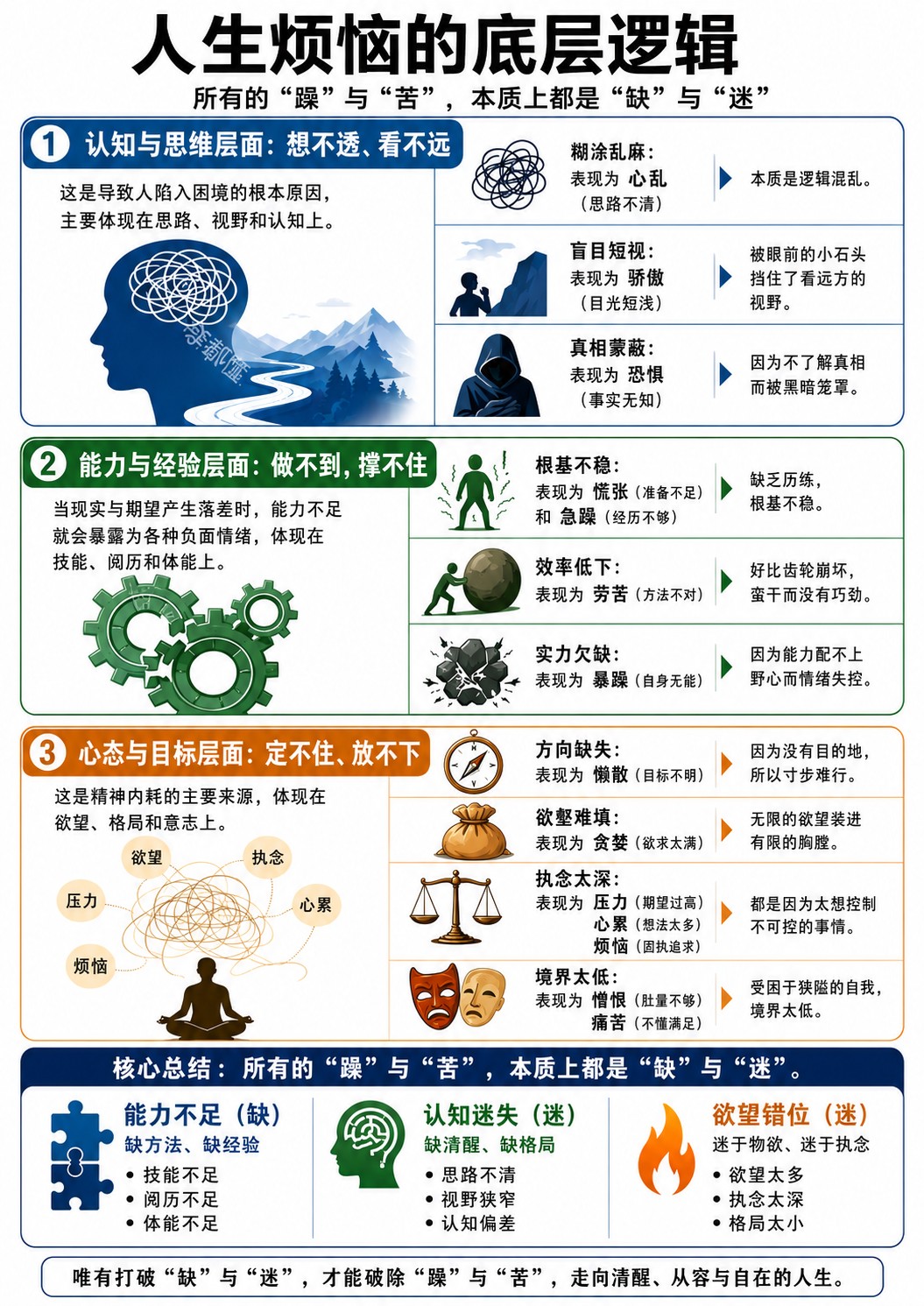 人生烦恼的底层逻辑，所有的“躁”与“苦”，本质上都是“缺”与“迷”