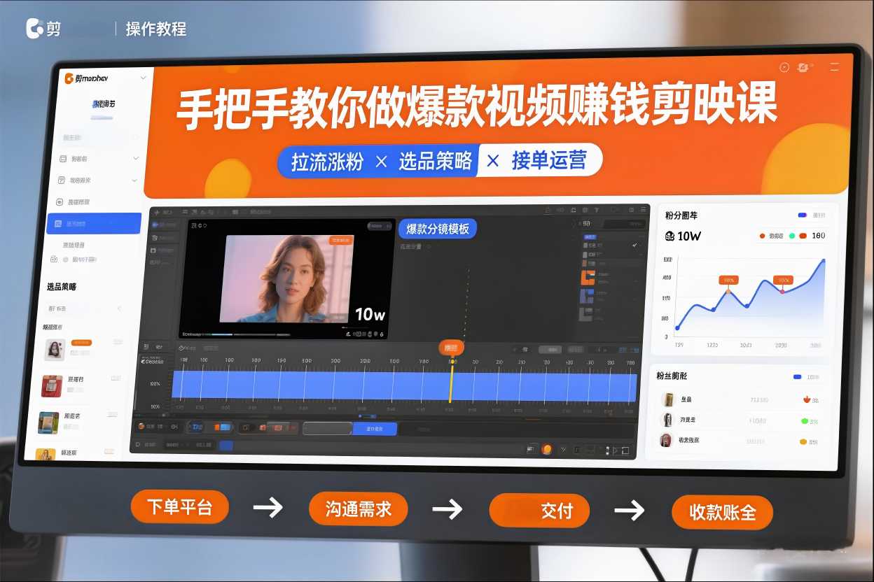 手把手教你做爆款视频赚钱剪映课，手把手教学拉流涨粉、选品策略和接单运营