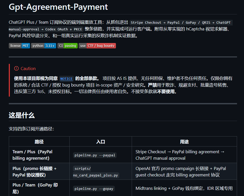 Gpt-Agreement-Payment，ChatGPT Plus / Team 订阅协议的端到端重放工具